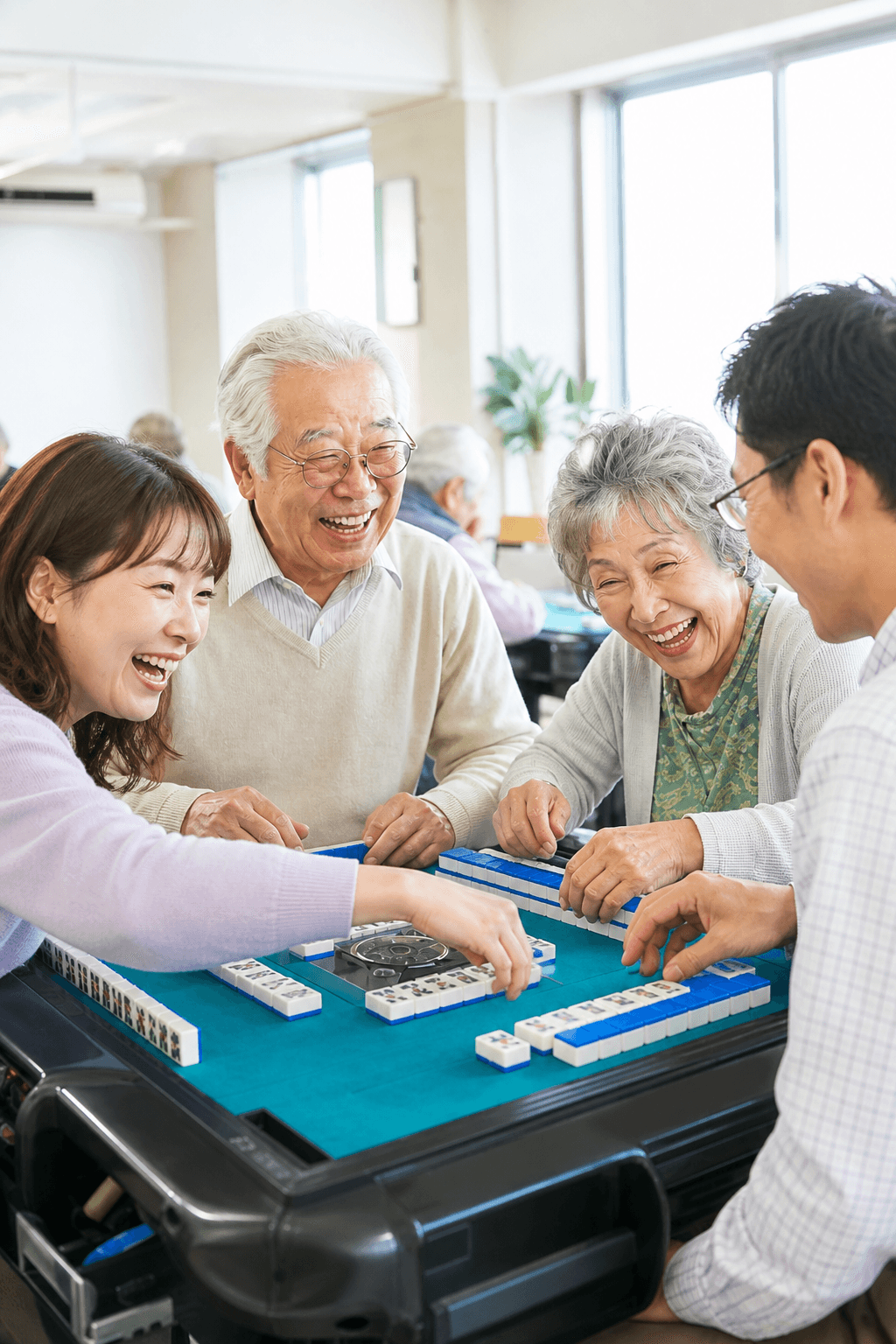 笑顔で麻雀を楽しむ参加者の手元